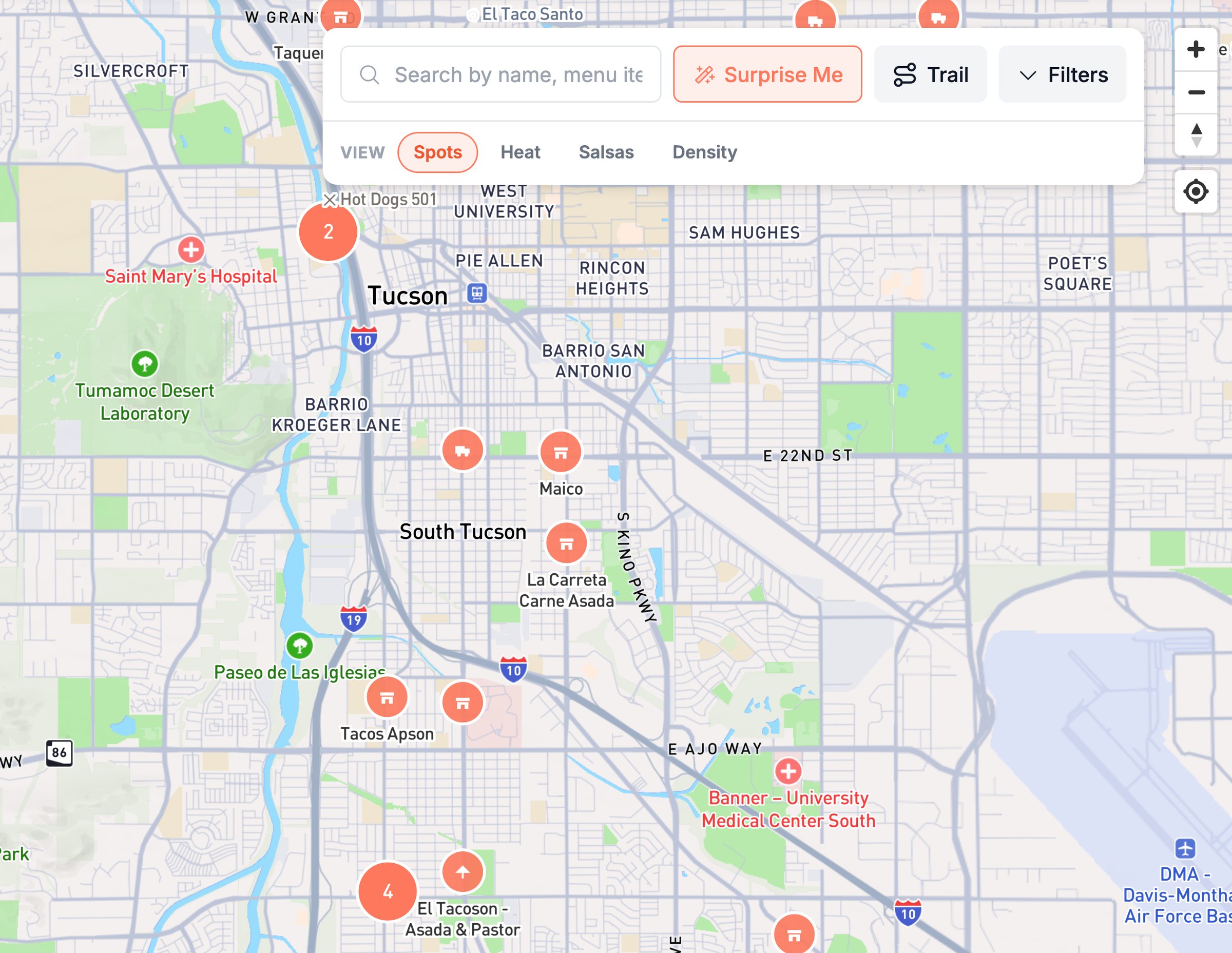 The CartoTaco map of central Tucson with search, Surprise Me, Trail and lens controls
